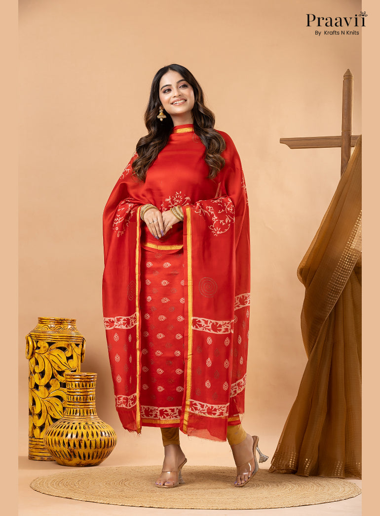 Chilli Red Chanderi Silk Handblock Print 2-Piece Suit Set
