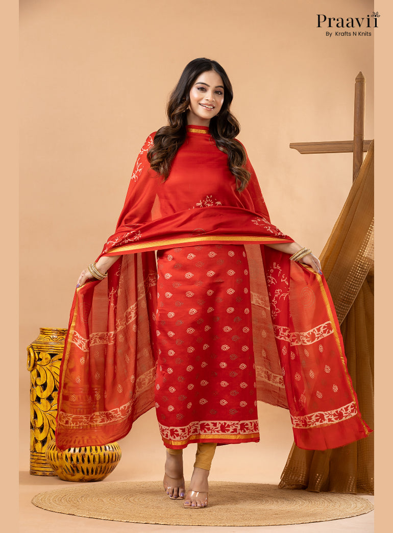 Chilli Red Chanderi Silk Handblock Print 2-Piece Suit Set