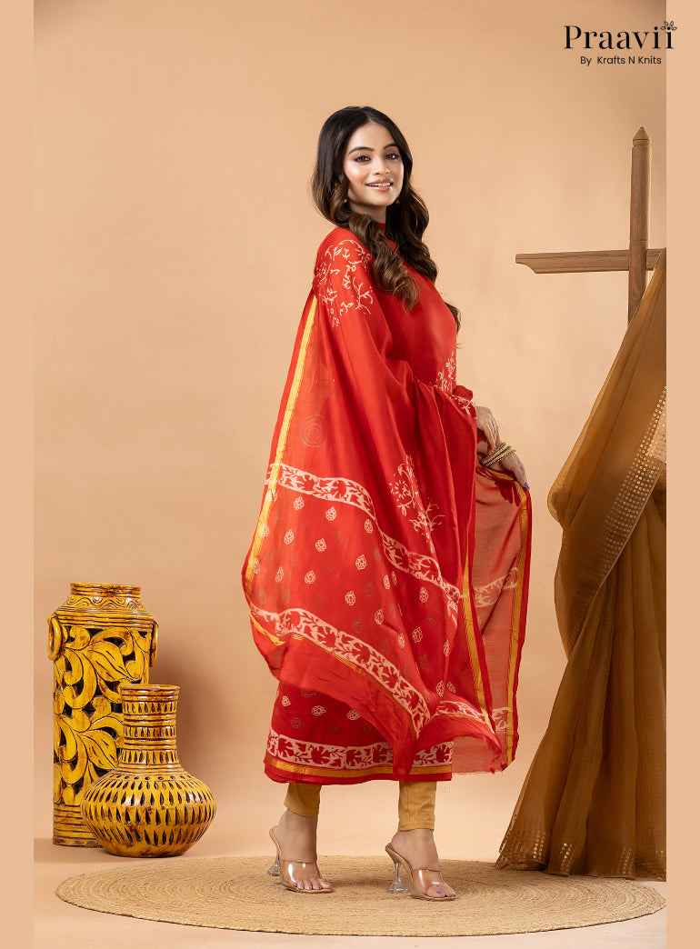 Chilli Red Chanderi Silk Handblock Print 2-Piece Suit Set