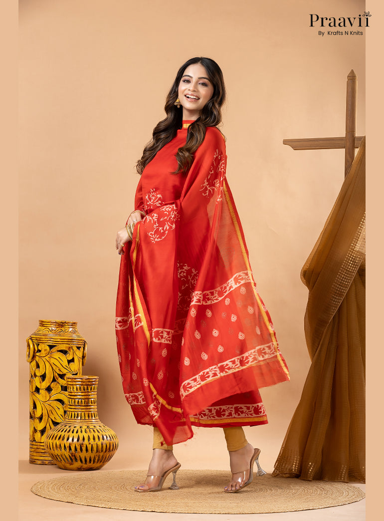 Chilli Red Chanderi Silk Handblock Print 2-Piece Suit Set