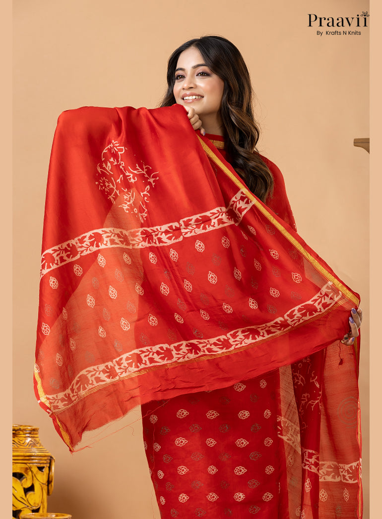 Chilli Red Chanderi Silk Handblock Print 2-Piece Suit Set