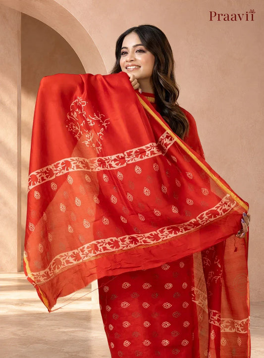 Chilli Red Chanderi Silk Handblock Print 2-Piece Suit Set