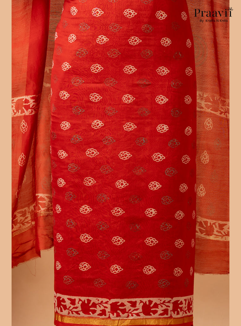 Chilli Red Chanderi Silk Handblock Print 2-Piece Suit Set