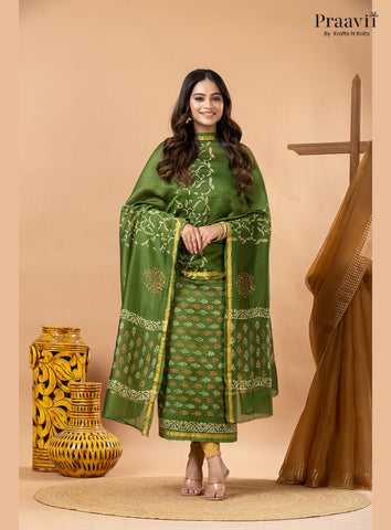 Grass Green Chanderi Silk Handblock Print 2-Piece Suit Set