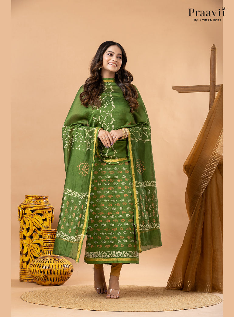 Grass Green Chanderi Silk Handblock Print 2-Piece Suit Set
