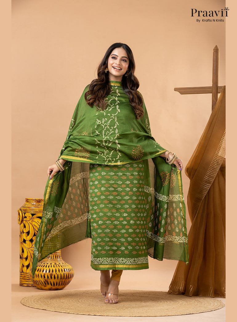 Grass Green Chanderi Silk Handblock Print 2-Piece Suit Set