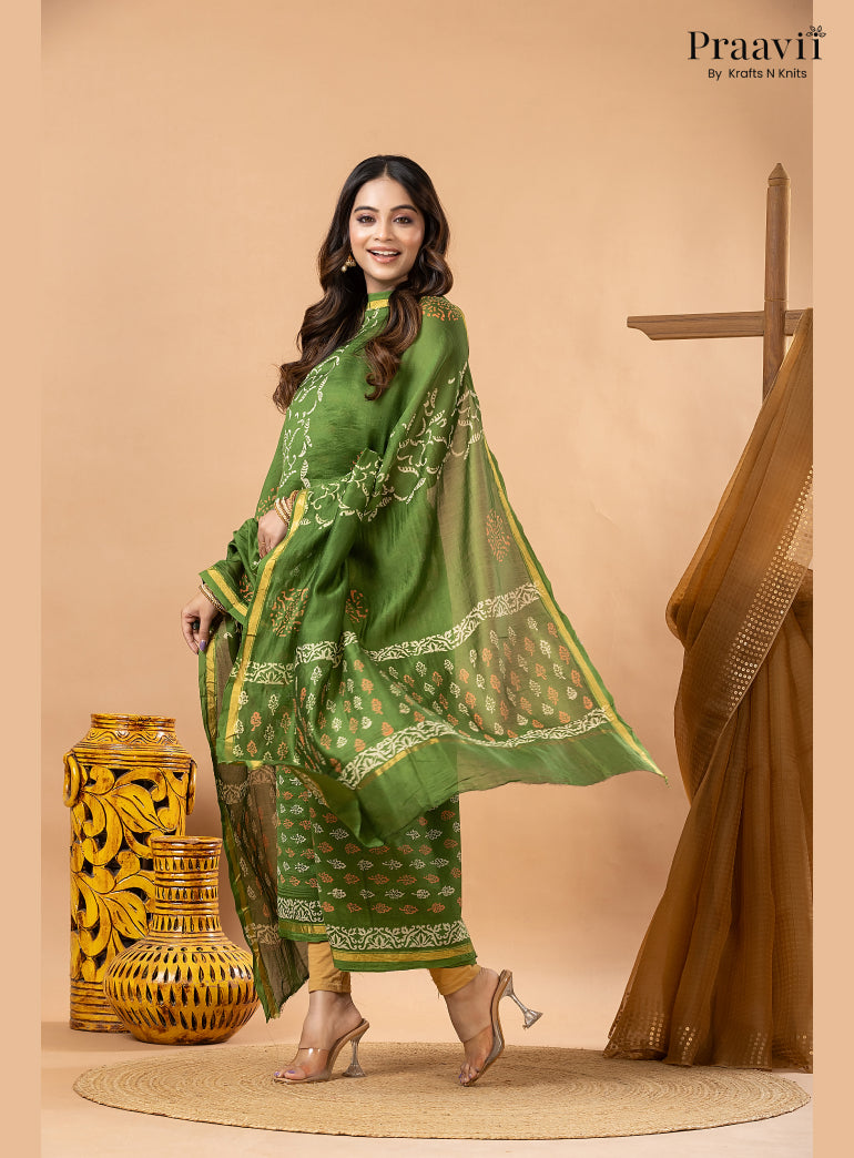 Grass Green Chanderi Silk Handblock Print 2-Piece Suit Set