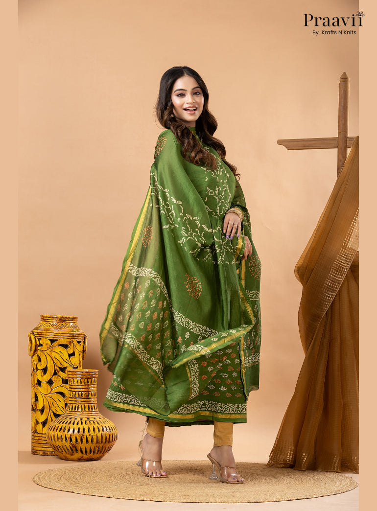 Grass Green Chanderi Silk Handblock Print 2-Piece Suit Set