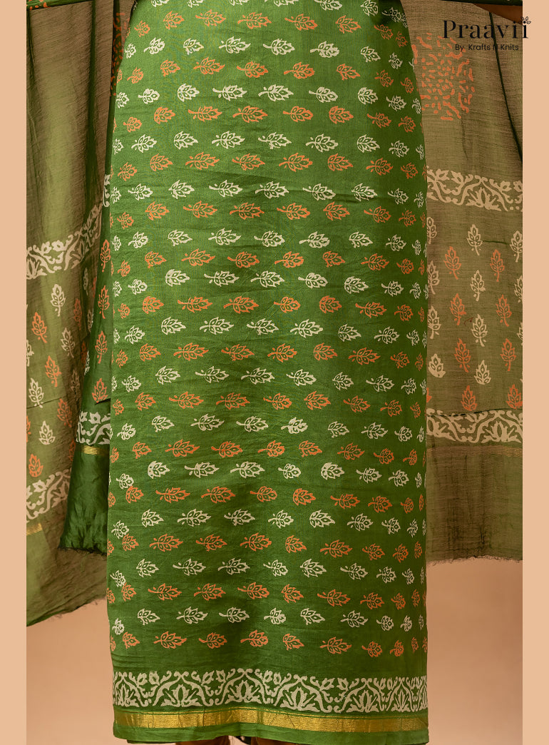 Grass Green Chanderi Silk Handblock Print 2-Piece Suit Set