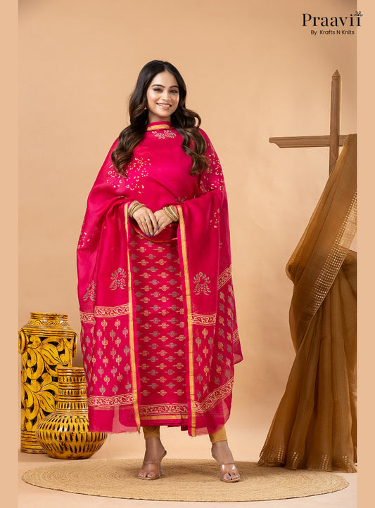 Raspberry Pink Chanderi Silk Handblock Print 2-Piece Suit Set