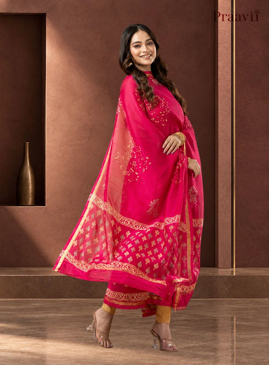 Raspberry Pink Chanderi Silk Handblock Print 2-Piece Suit Set