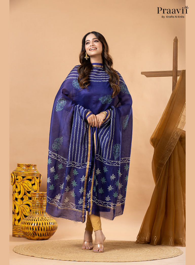 Ink Blue Chanderi Silk Handblock Print 2-Piece Suit Set