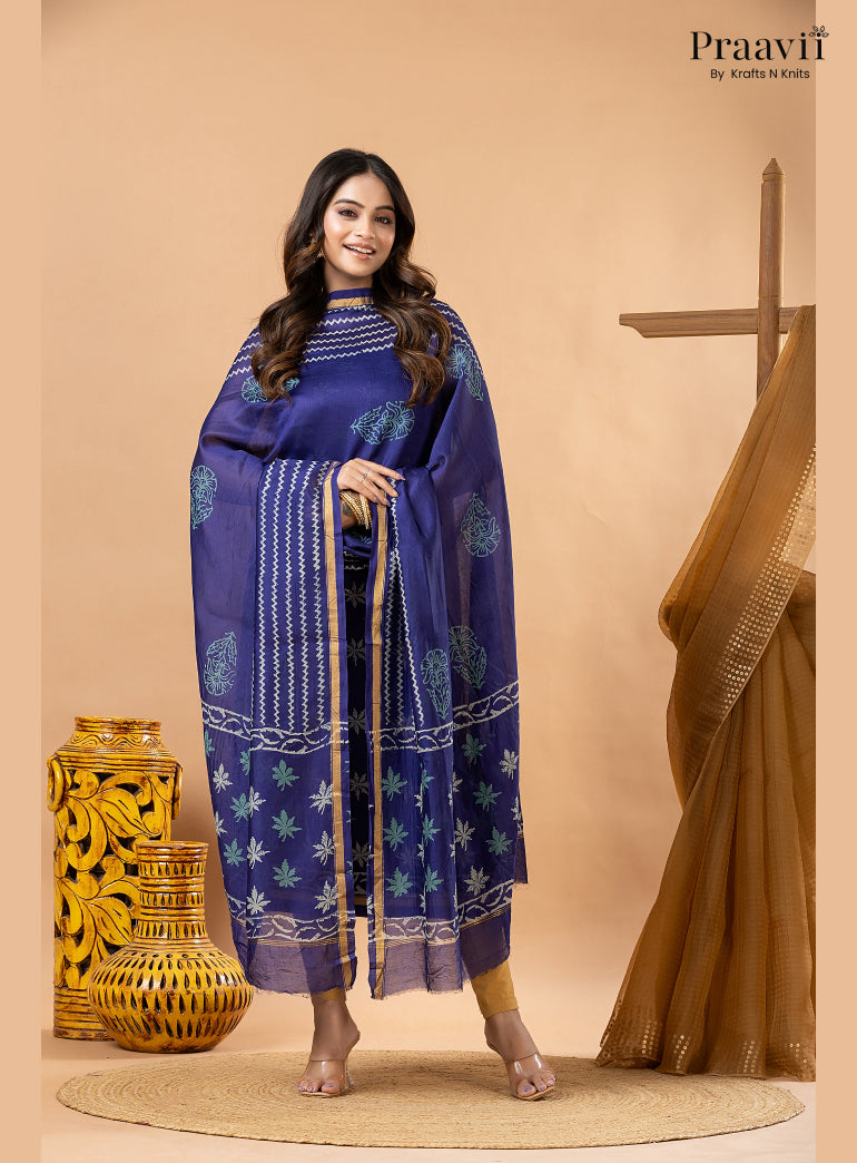 Ink Blue Chanderi Silk Handblock Print 2-Piece Suit Set