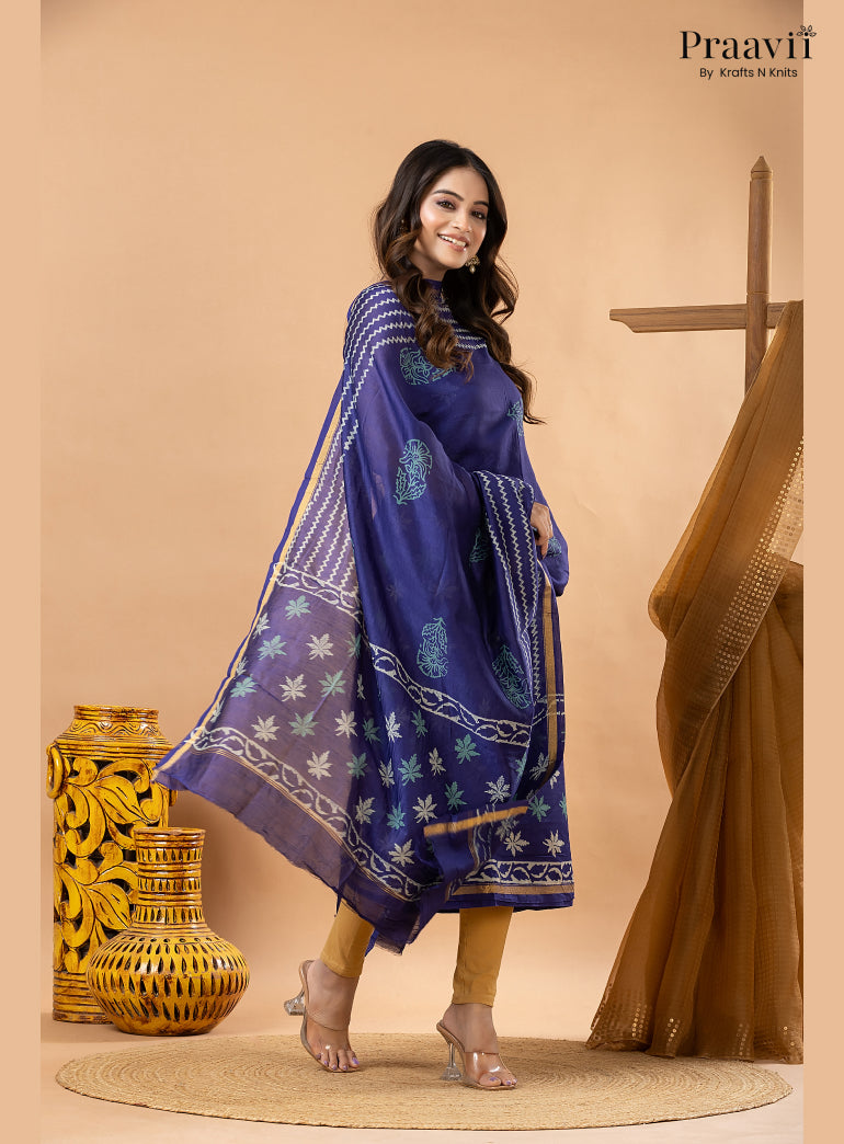 Ink Blue Chanderi Silk Handblock Print 2-Piece Suit Set