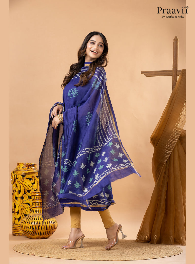 Ink Blue Chanderi Silk Handblock Print 2-Piece Suit Set