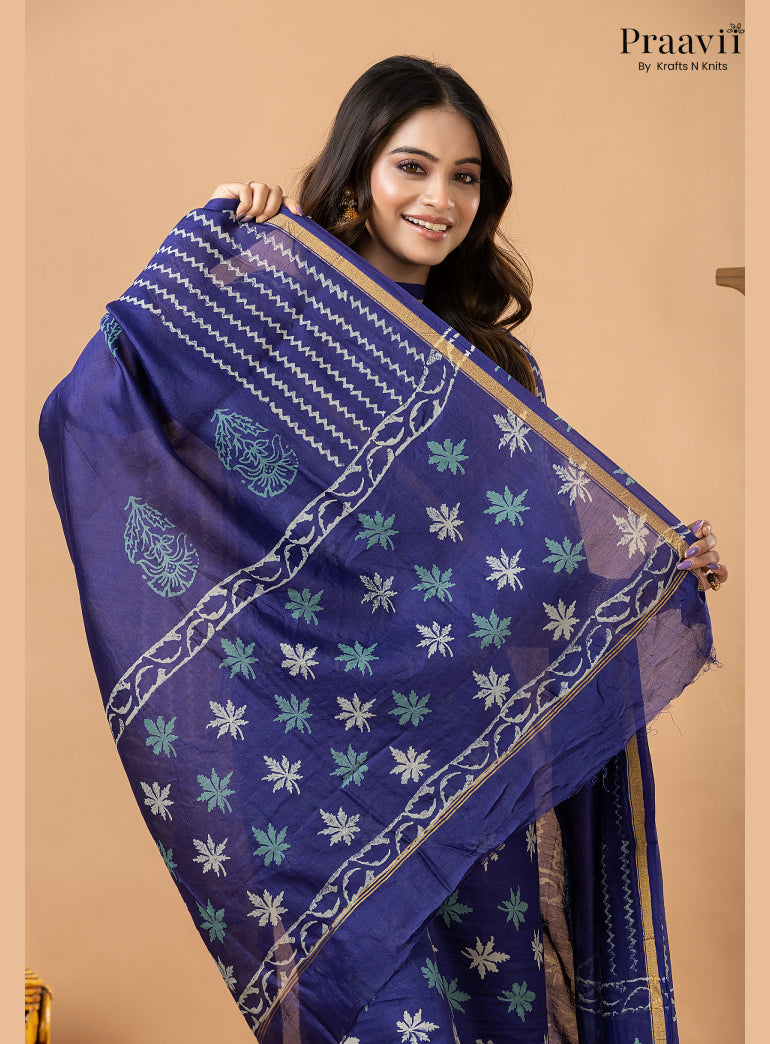 Ink Blue Chanderi Silk Handblock Print 2-Piece Suit Set