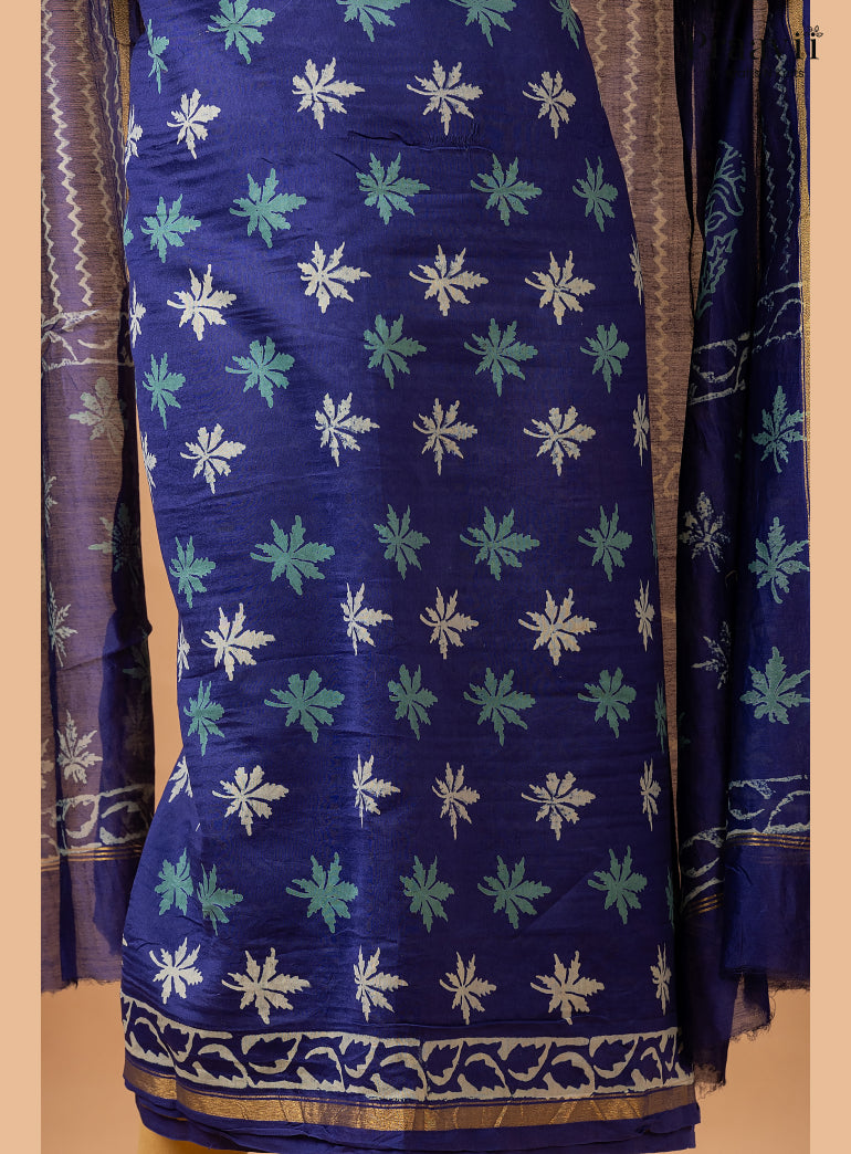 Ink Blue Chanderi Silk Handblock Print 2-Piece Suit Set