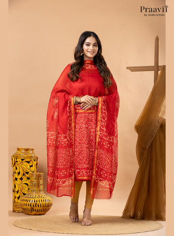 Red Chanderi Silk Handblock Print 2-Piece Suit Set