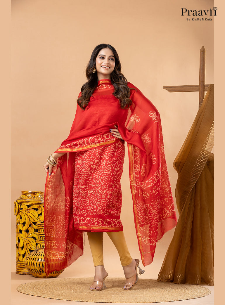 Red Chanderi Silk Handblock Print 2-Piece Suit Set