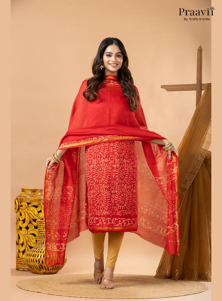 Red Chanderi Silk Handblock Print 2-Piece Suit Set