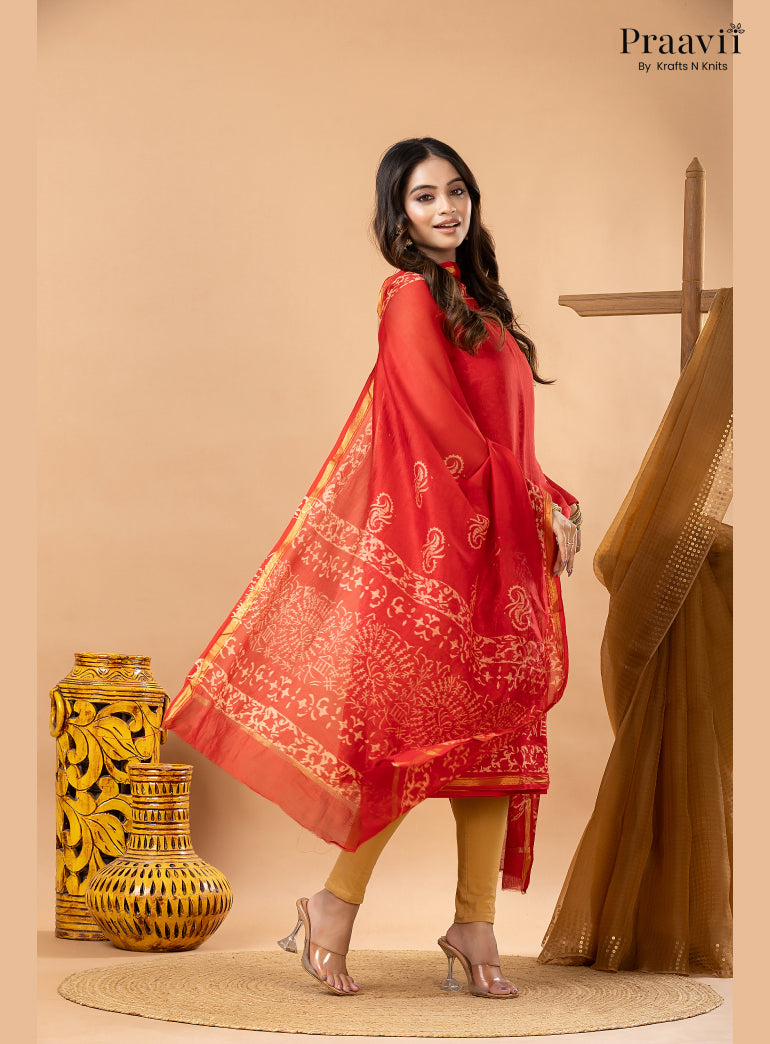 Red Chanderi Silk Handblock Print 2-Piece Suit Set