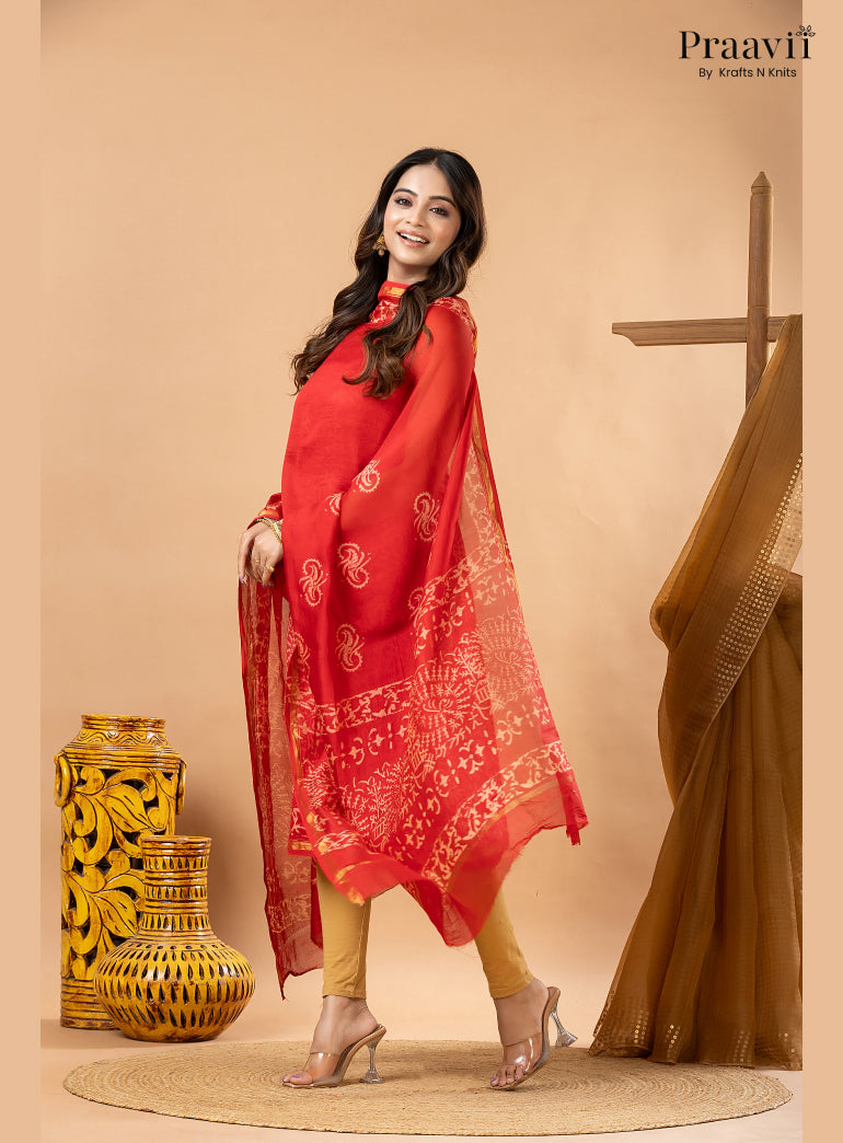 Red Chanderi Silk Handblock Print 2-Piece Suit Set
