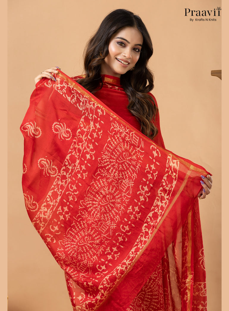 Red Chanderi Silk Handblock Print 2-Piece Suit Set