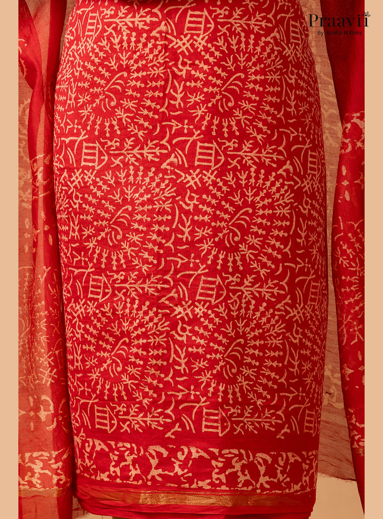 Red Chanderi Silk Handblock Print 2-Piece Suit Set