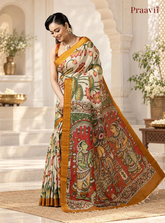White Sand Bangalore Silk Multicolour SriKalahasti Pen Kalamkari Saree
