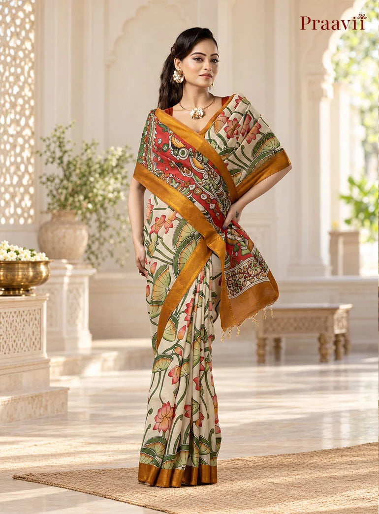 White Sand Cotton Multicolour Pen Kalamkari Saree