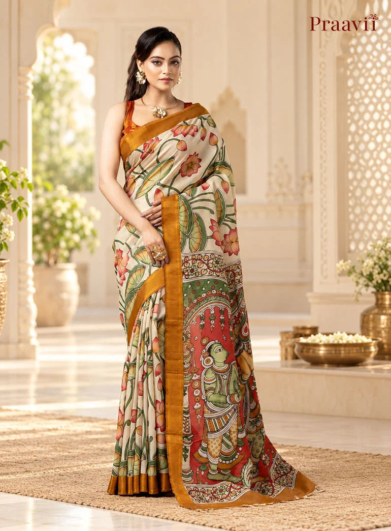 White Sand Cotton Multicolour Pen Kalamkari Saree