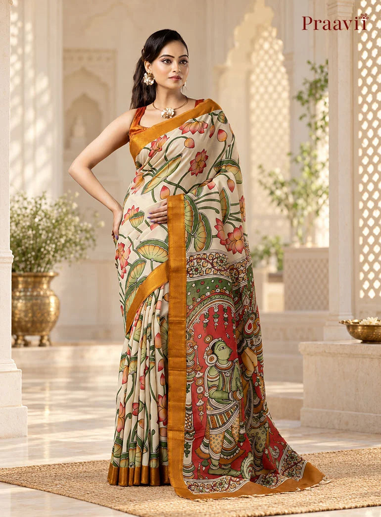 White Sand Cotton Multicolour Pen Kalamkari Saree