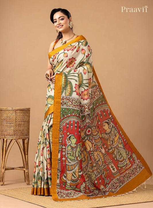 White Sand Bangalore Silk Multicolour SriKalahasti Pen Kalamkari Saree