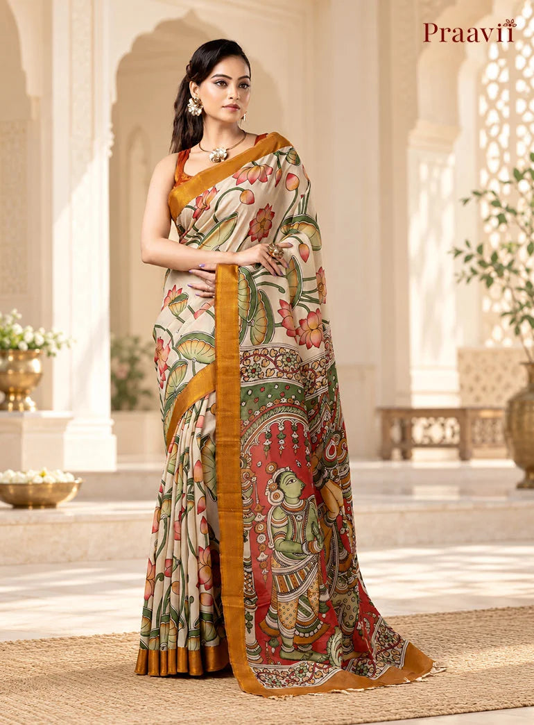 White Sand Cotton Multicolour Pen Kalamkari Saree