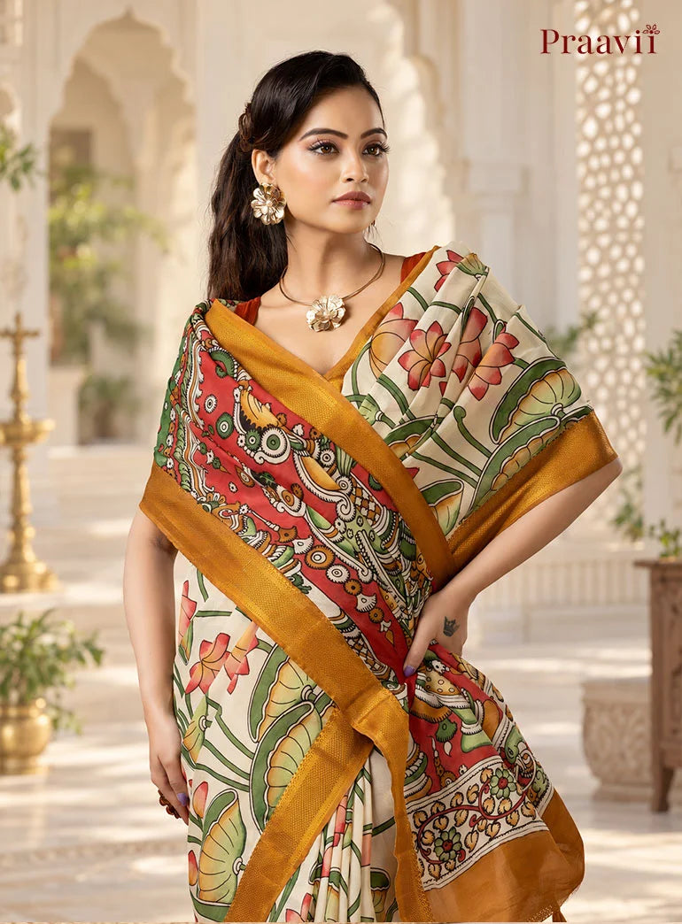 White Sand Cotton Multicolour Pen Kalamkari Saree