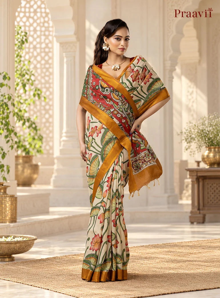 White Sand Cotton Multicolour Pen Kalamkari Saree