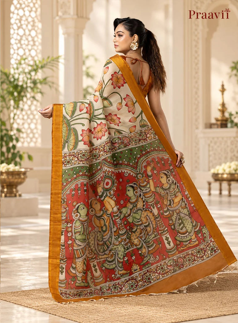 White Sand Cotton Multicolour Pen Kalamkari Saree