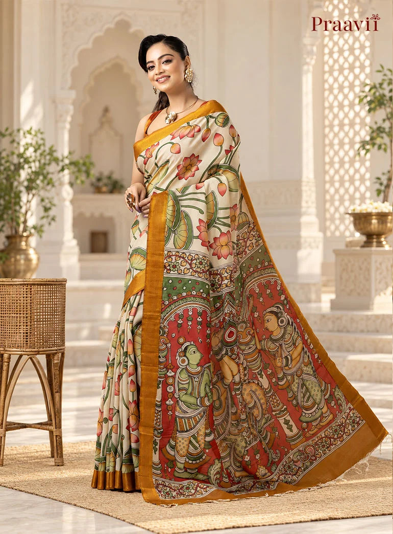 White Sand Cotton Multicolour Pen Kalamkari Saree