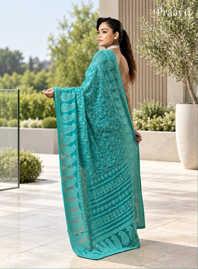 Firoza Blue Lucknow Chikankari Pure Georgette Saree