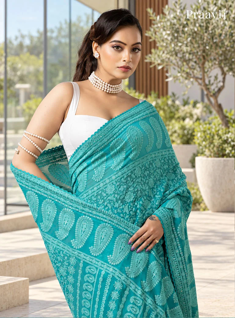 Firoza Blue Lucknow Chikankari Pure Georgette Saree