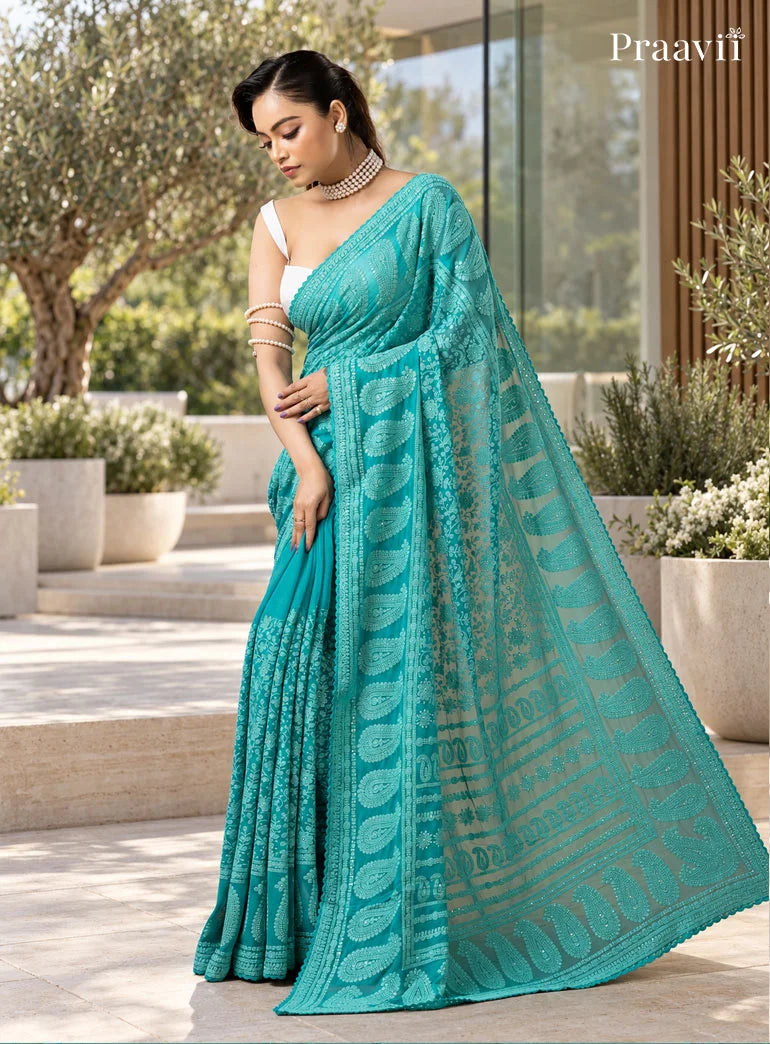 Firoza Blue Lucknow Chikankari Pure Georgette Saree