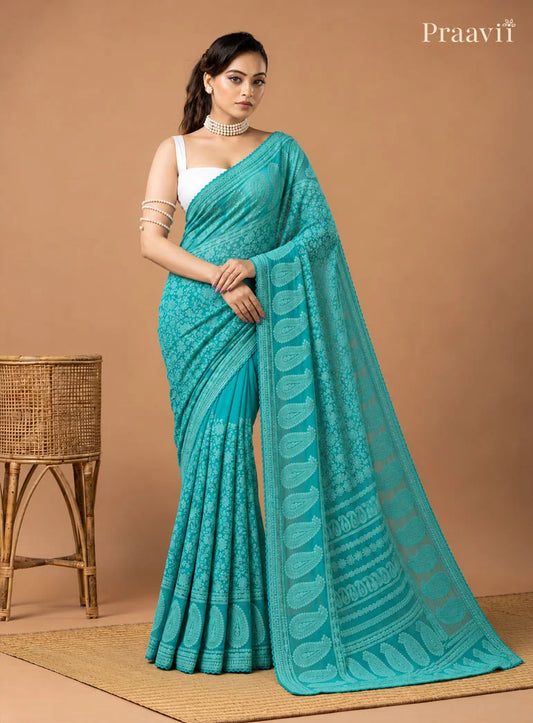 Firoza Blue Chikankari Pure Georgette Saree