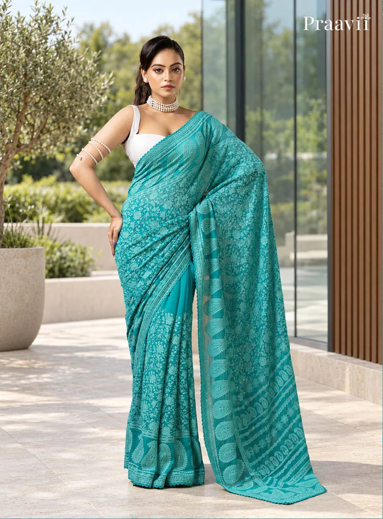Firoza Blue Lucknow Chikankari Pure Georgette Saree