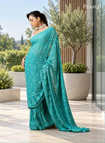 Firoza Blue Lucknow Chikankari Pure Georgette Saree