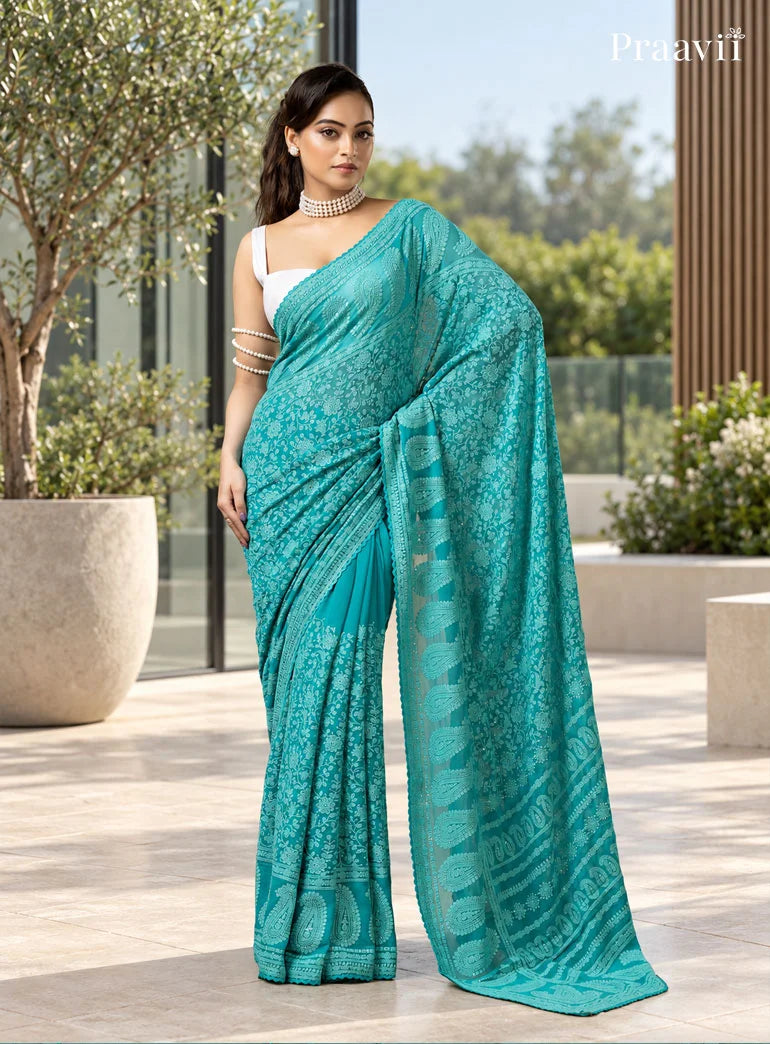 Firoza Blue Lucknow Chikankari Pure Georgette Saree