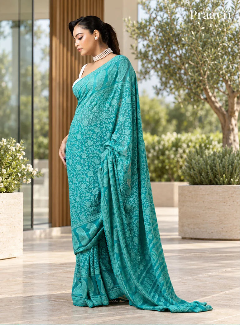 Firoza Blue Lucknow Chikankari Pure Georgette Saree