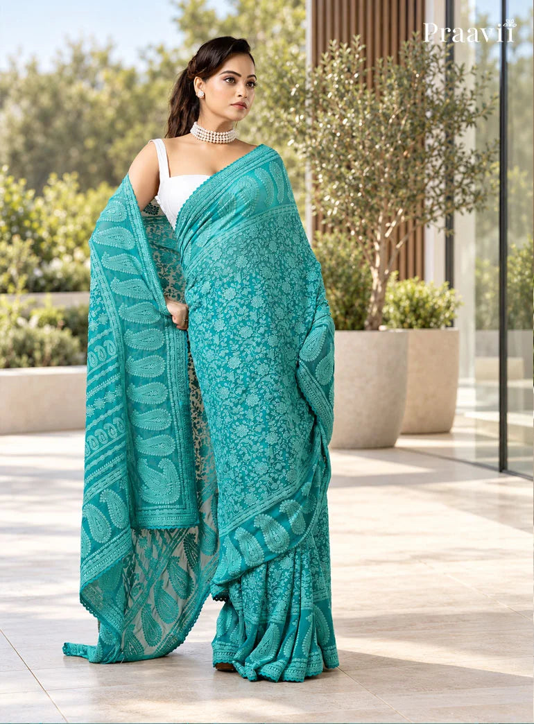 Firoza Blue Lucknow Chikankari Pure Georgette Saree