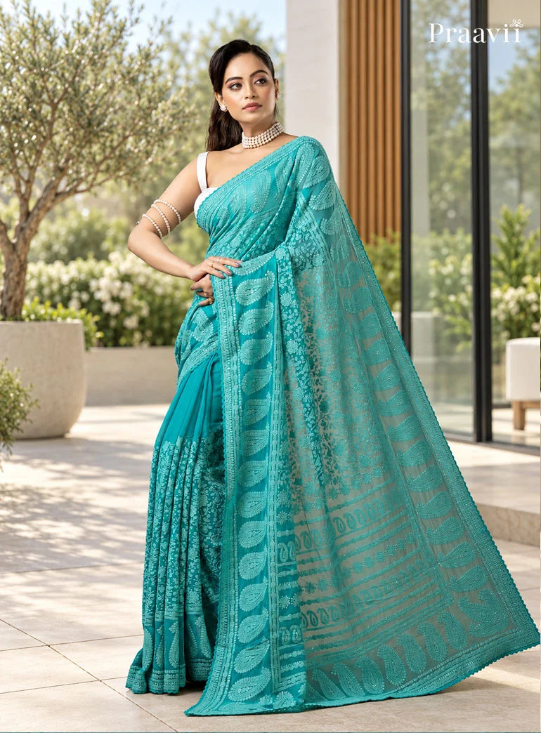 Firoza Blue Lucknow Chikankari Pure Georgette Saree
