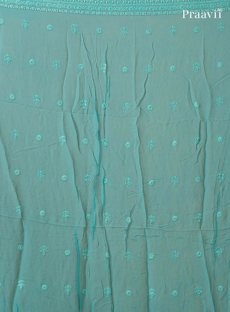 Firoza Blue Lucknow Chikankari Pure Georgette Saree