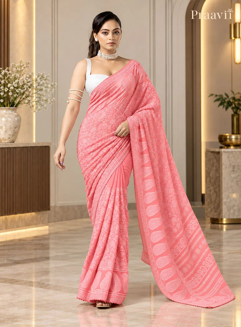 Blush Pink Chikankari Pure Georgette Saree
